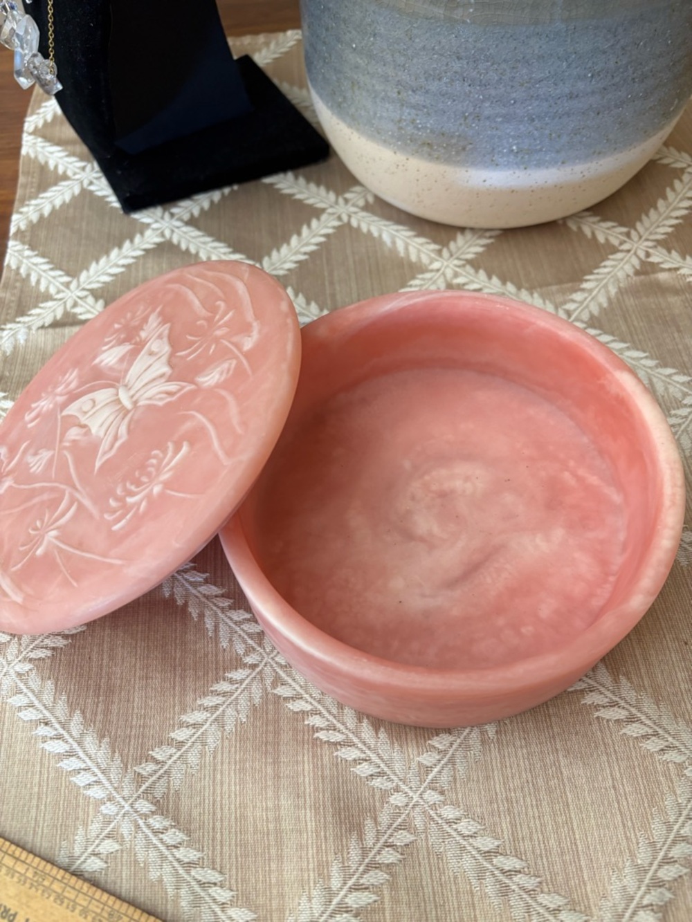 Vintage Pink Butterfly Jewelry Box Trinket Dish w/Lid Incolay Stone Round Flower - Picture 3 of 10